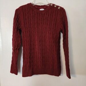 Croft & Barrow Deep Red Cable Knit Cotton Sweater Petite Small PS Button Detail